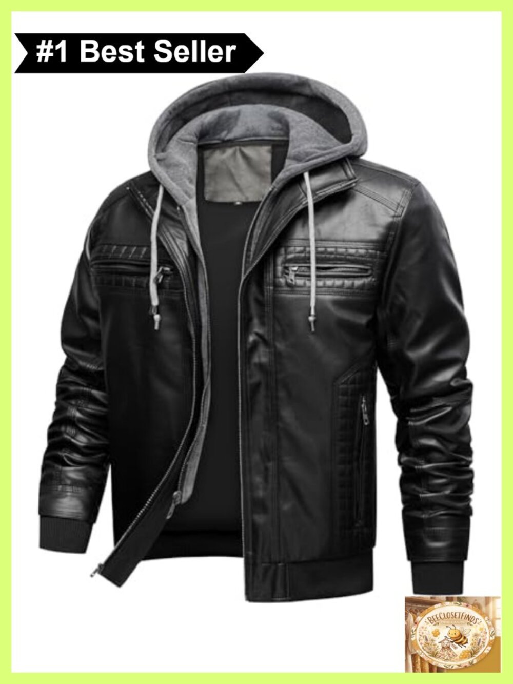 Men's Faux Leather Motorcycle Bomber Jacket Removable Hood